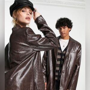 Reclaimed Vintage unisex longline vinyl blazer in brown crocodile - 36S 36 Short
